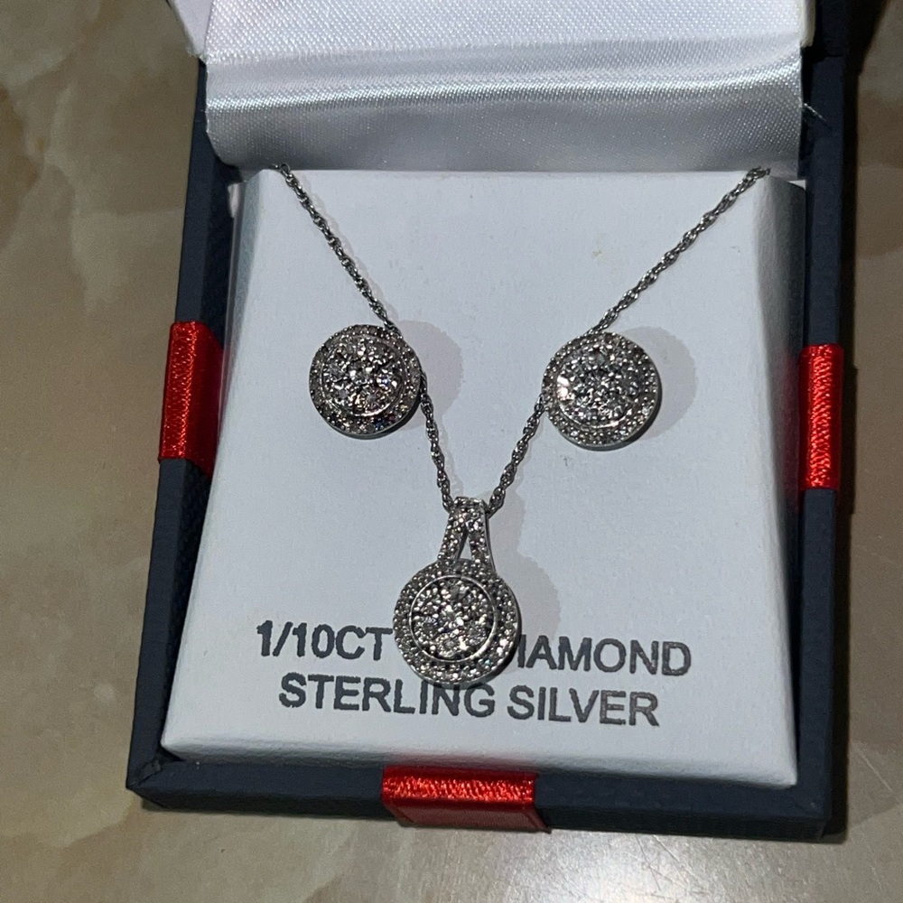 Sterling Silver Diamond Necklace and Earring Set